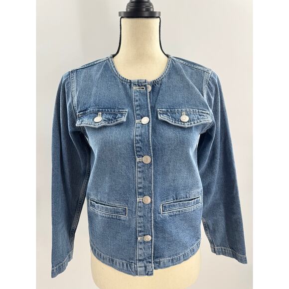 Madewell Denim Crop Jacket Band Collar Blue Jean Chambray Top XS NEW - Picture 1 of 11